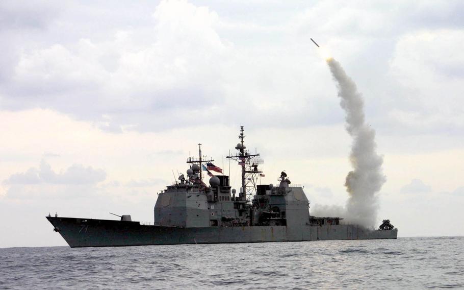 A Tomahawk Land Attack Missile (TLAM) launches from the guided missile cruiser USS Cape St. George (CG 71) in operation in the Mediterranean Sea on March 23, 2003. Australia said it's planning to buy up to 220 Tomahawk cruise missiles from the United States after the U.S. State Dept. approved the sale Friday, March 17, 2023.