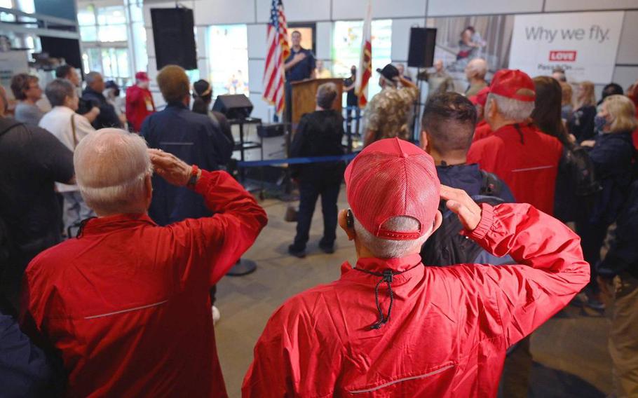 Sixty-three veterans prepare to board their flight for the Central Valley Honor Flight #21 as they are honored Monday morning, May 16, 2022, at Fresno Yosemite International Airport.