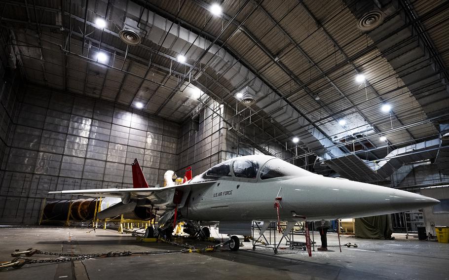 A T-7A Red Hawk sits in a frozen McKinley Climatic Lab chamber, Jan. 29, 2024, at Eglin Air Force Base, Fla.