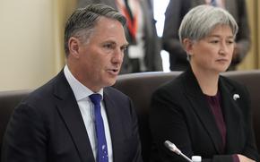 Australia's Deputy Prime Minister and Defence Minister Richard Marles, left, speaks alongside Australia's Foreign Minister Penny Wong during an Australia and South Korea Foreign and Defence Ministers meeting in Melbourne, Australia, on May 1, 2024. 