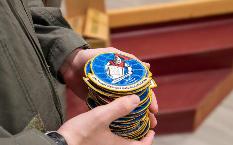 The unit patch for the Air National Guard’s newest tanker squadron is revealed during the 170th assumption of command ceremony Thursday, March 7, 2024, at Joint Base McGuire-Dix-Lakehurst, N.J.