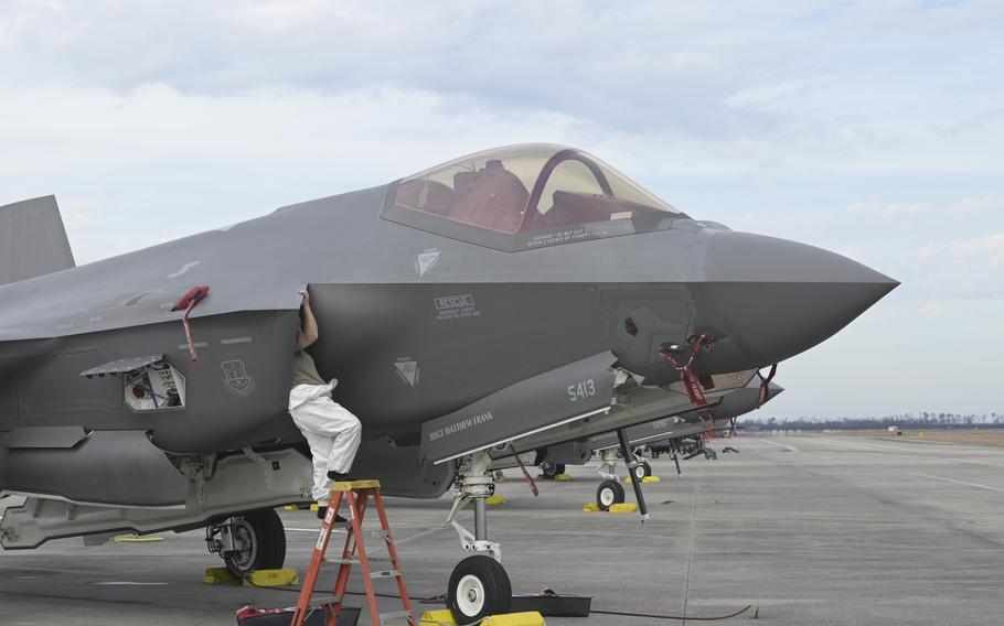 U.S. Air Force Tech Sgt. Rebecca Mertes, a tactical aircraft maintenance specialist with the Wisconsin Air National Guard’s 115th Fighter Wing, performs the engine intake inspection of an F-35A Lightning II aircraft during a Weapons System Evaluation Program exercise Feb. 15, 2024, at Tyndall Air Force Base, Fla. 