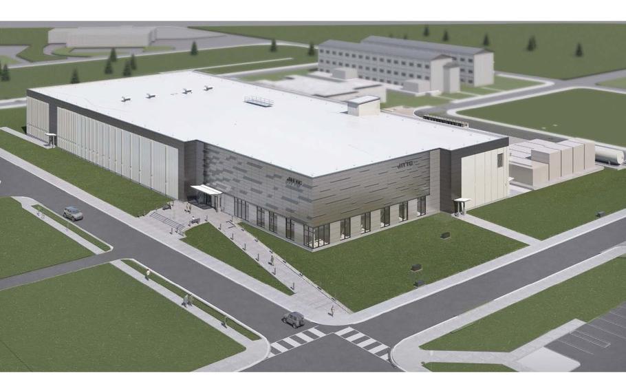 A digital rendering of the exterior of a gray and white building complex.