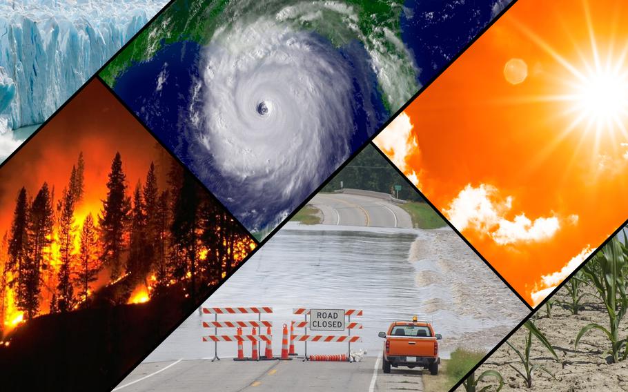 A collage of typical climate and weather-related events: floods, heat waves, drought, hurricanes, wildfires and loss of glacial ice.