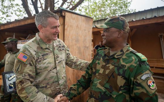 U.S. Army Lt. Gen. Johnathan Braga, U.S. Army Special Operations commander, meets with Maj. Gen. Moussa Barmou, Niger Special Operations Forces commander, to discuss anti-terrorism policy and tactics throughout Niger, at Air Base 101, Niger, June 12, 2023.