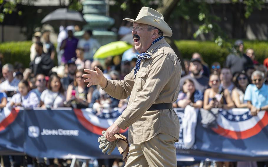 A marcher is dressed as the former president.