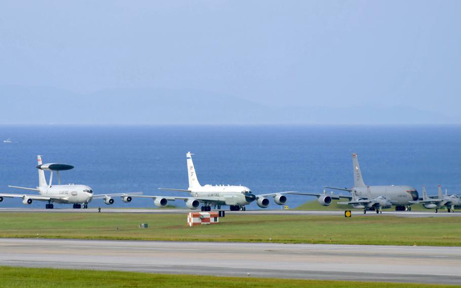 A “routine readiness exercise” at Kadena Air Base, Okinawa, included 23 F-15C Eagles, eight F-22A Raptors, a trio of HH-60 Pave Hawks, a KC-135 Stratotanker, reconnaissance and command-and-control aircraft, Tuesday, Nov. 22, 2022.