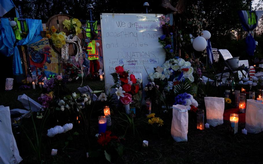 Community members have created a makeshift memorial near Fort Armistead Park for victims of the bridge collapse in Baltimore.