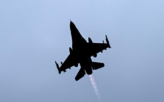 An American F-16 Fighting Falcon flies over England on April 15, 2025. The U.S. State Department approved a $310.5 million sale to Ukraine for training and equipment related to its fleet of F-16 jets.