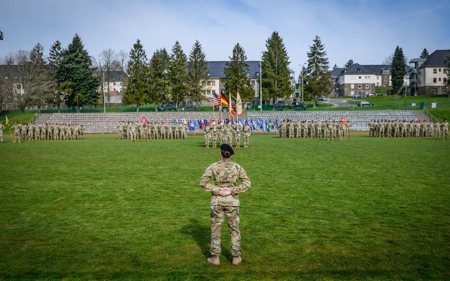 Lt. Col. Robin A. Eskelson faces her troops after taking command of the reactivated 95th Combat Sustainment Support Battalion, April 6, 2023, in Baumholder, Germany. The unit is expected to increase logistics capabilities in Europe and Africa.
