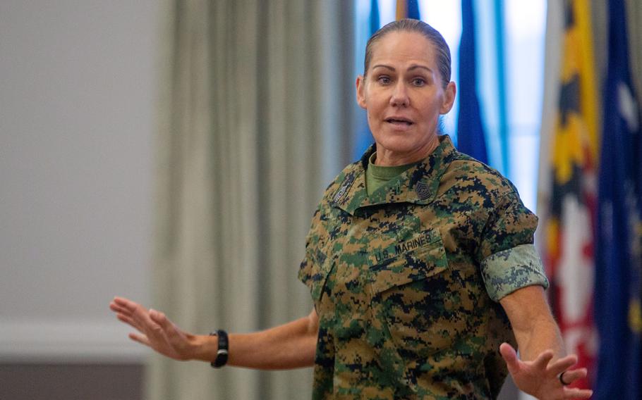 Sgt. Maj. Joy Kitashima speaks after assuming the senior enlisted role for 2nd Marine Aircraft Wing at Marine Corps Air Station Cherry Point, N.C., July 11, 2022.