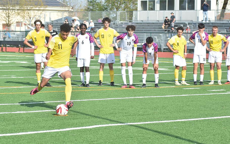 Vicenza’s Jalen Robertson scores on a penalty kick - his first of three goals in the Cougars’ 3-3 tie with Bahrain on Friday, April 12, 2024.