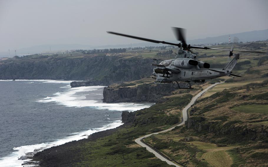 An AH-1Z Viper from Marine Light Attack Helicopter Squadron 267 flies toward an arming and refueling point on Ie Shima, Okinawa, Jan. 10, 2017.