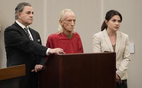 Joseph Czuba, 71, center, stands with his attorneys George Lenard and Kylie Blatti, before Circuit Judge Dave Carlson for Czuba's arraignment in the murder of 6-year old Wadea Al Fayoume, at the Will County, Ill., courthouse, Monday, Oct. 30, 2023, in Joliet, Ill. Czuba is accused of fatally stabbing the Muslim boy and seriously wounding his mother, was also charged with a hate crime. (AP Photo/Charles Rex Arbogast)