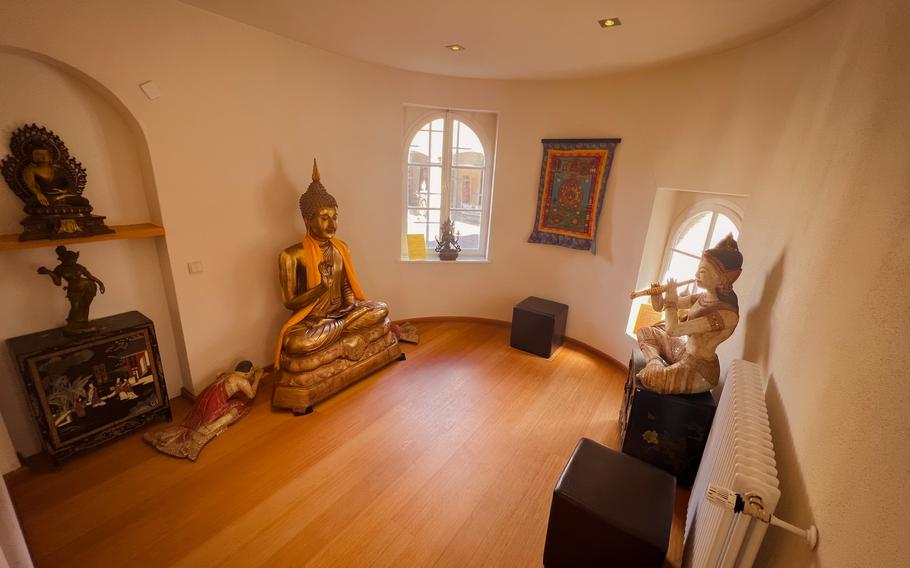 A mediation room invites visitors to get inspired and practice their own lotus pose at the Buddha Museum in Traben-Trarbach, Germany, June 11, 2022. 