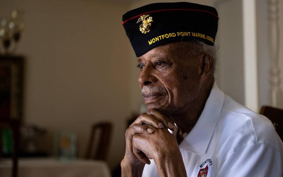 Richard Davis, 97, sits at his home in Sacramento’s Pocket-Greenhaven community on Wednesday, May 24, 2023. He’s one of the last surviving Montford Point Marines, a Black World War II unit who were the first African Americans to serve in the U.S. Marine Corps. 