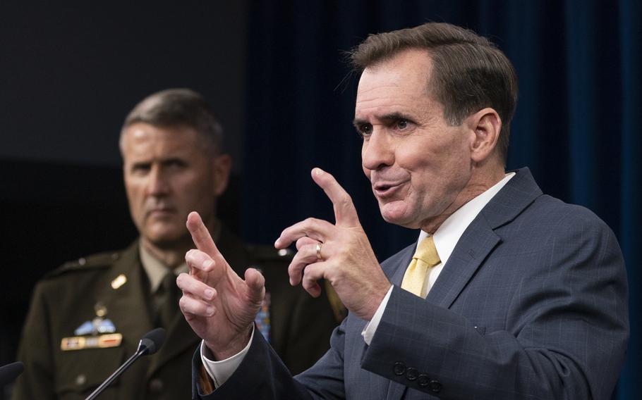 PPentagon spokesman John Kirby with U.S. Army Maj. Gen. William Taylor, the Joint Staff’s deputy director for regional operations, speaks Monday, Aug. 30, 2021, about the situation in Afghanistan during a briefing at the Pentagon.
