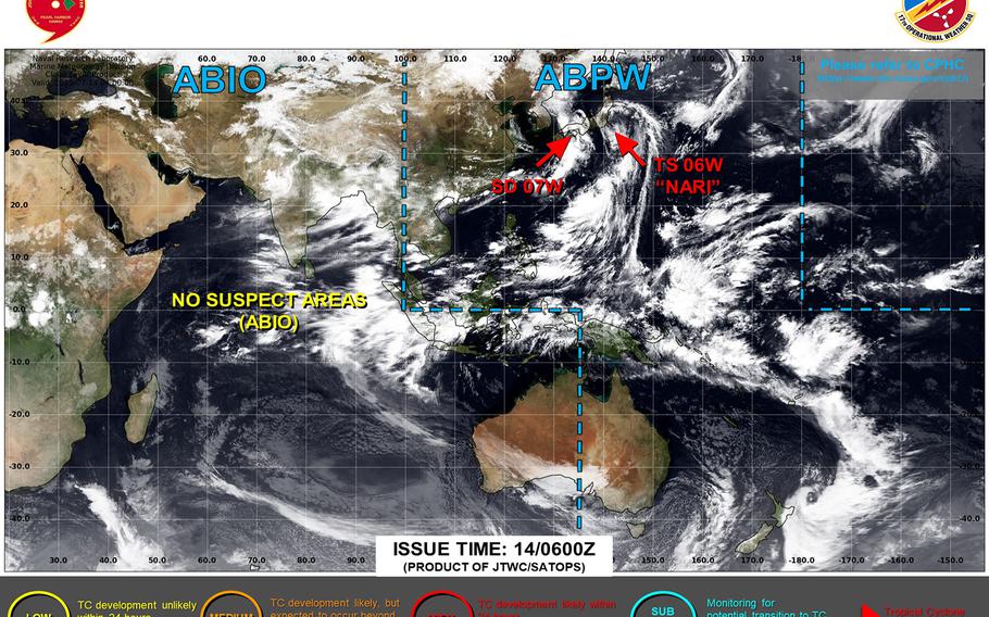 Nari hurtles past Yokosuka, remains forecast to pass more than 120 miles east-southeast of Misawa late Monday evening.