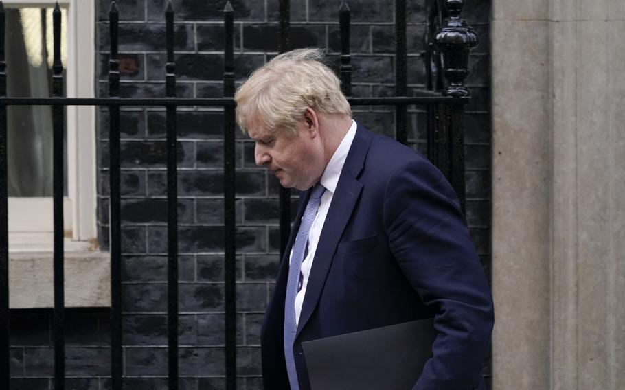 Britain’s Prime Minister Boris Johnson leaves 10 Downing Street as he makes his way to the House of Commons, in London, Monday, Jan. 31, 2022. An investigation says lockdown-breaching parties by Prime Minister Boris Johnson and his staff represent a “serious failure” to observe the standards expected of government.