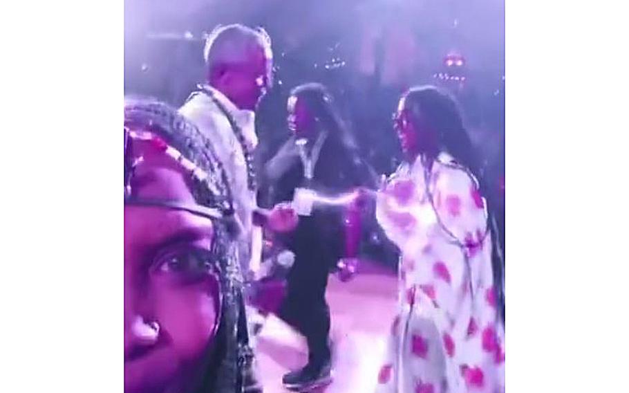 A screen grab of a video posted by Erykah Badu shows former President Barack Obama dancing at his 60th birthday party in Martha’s Vineyard. 