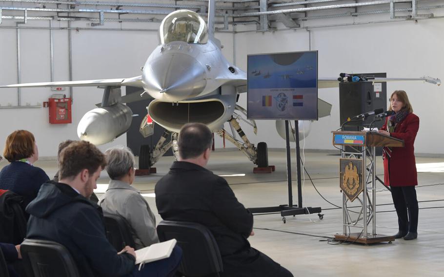 Kathleen Kavalec, the U.S. ambassador to Romania, speaks Nov. 13, 2023, at the inauguration of the F-16 regional training center at the 86th Air Base near Fetesti, Romania. 