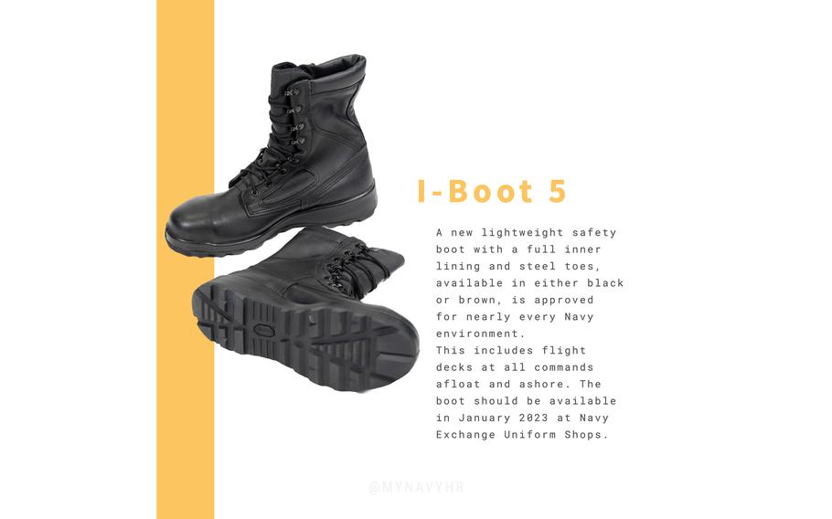 The Navy on Tuesday, Dec. 20, 2022, announced new footwear – the I-Boot 5 – that became operational a few weeks ago. The I-5 will be available in Navy uniform shops as soon as January, service officials said.
