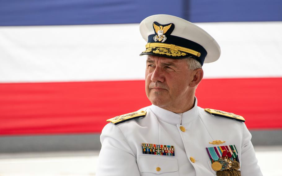 Coast Guard commandant Adm. Karl Schultz presides over the rare commissioning of three fast-attack cutters during a ceremony on Guam, Thursday, July 29, 2021. 