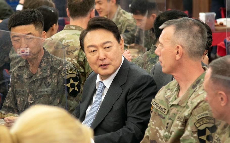 South Korea's then-president elect Yoon Suk Yeol visits Camp Humphreys, South Korea, April 7, 2022.