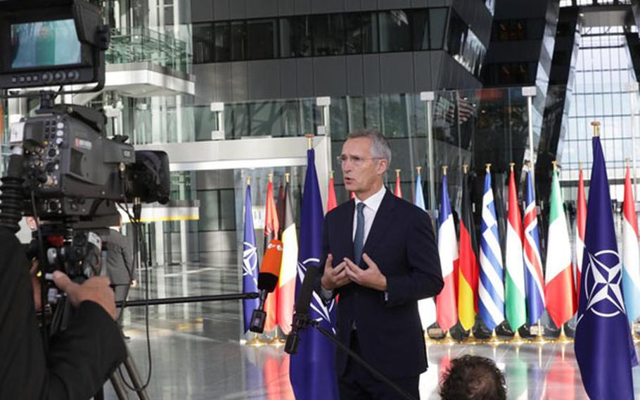 NATO Secretary-General Jens Stoltenberg speaks at a news conference in Brussels on Oct. 21, 2021. Stoltenberg said NATO military leaders will meet this week to discuss a new defense strategy for Europe.
