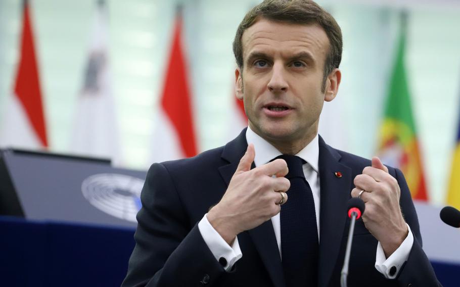 Emmanuel Macron, France’s president, delivers the EU Presidency address in Strasbourg, France, on Jan. 19, 2022.