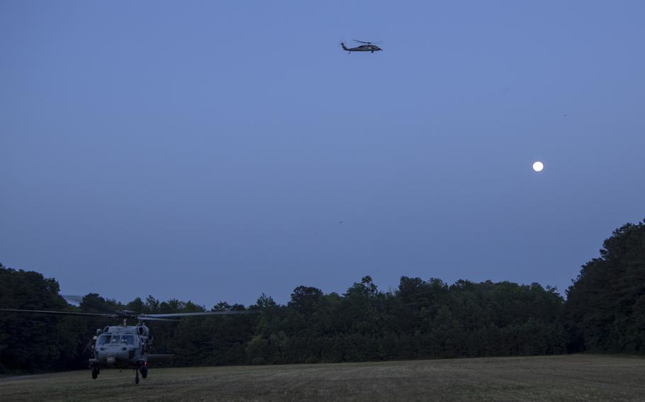 MH-60S Seahawk helicopters train in June 2020 at Joint Expeditionary Base Little Creek-Fort Story, Va.