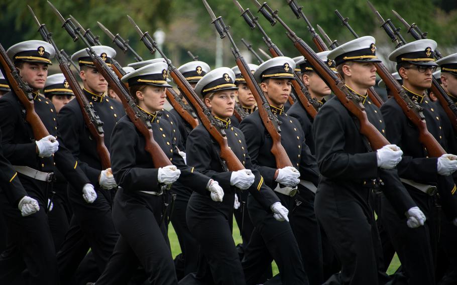 Midshipmen from the U.S. Naval Academy take part in the second formal parade of the season on Sept. 29, 2023.