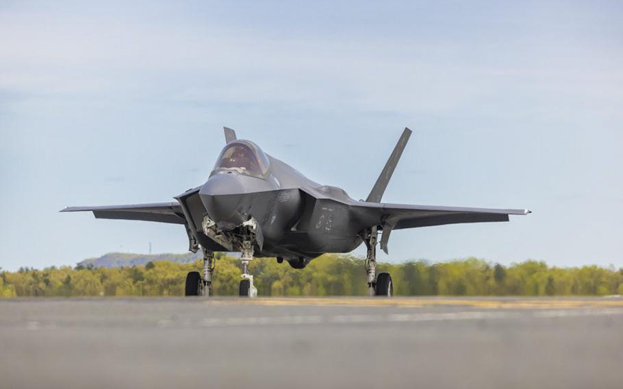 An F-35A Lightning II fighter jet is seen on the taxiway at Westfield Barnes Air National Guard Base on May 9, 2023. 