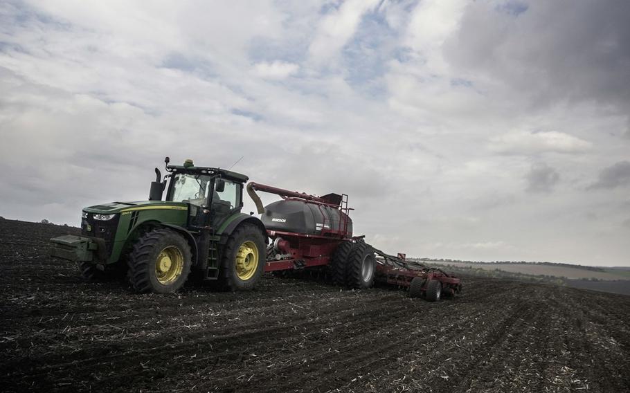 Sowing the winter wheat crop at Viktor Bykov’s farm in September. 