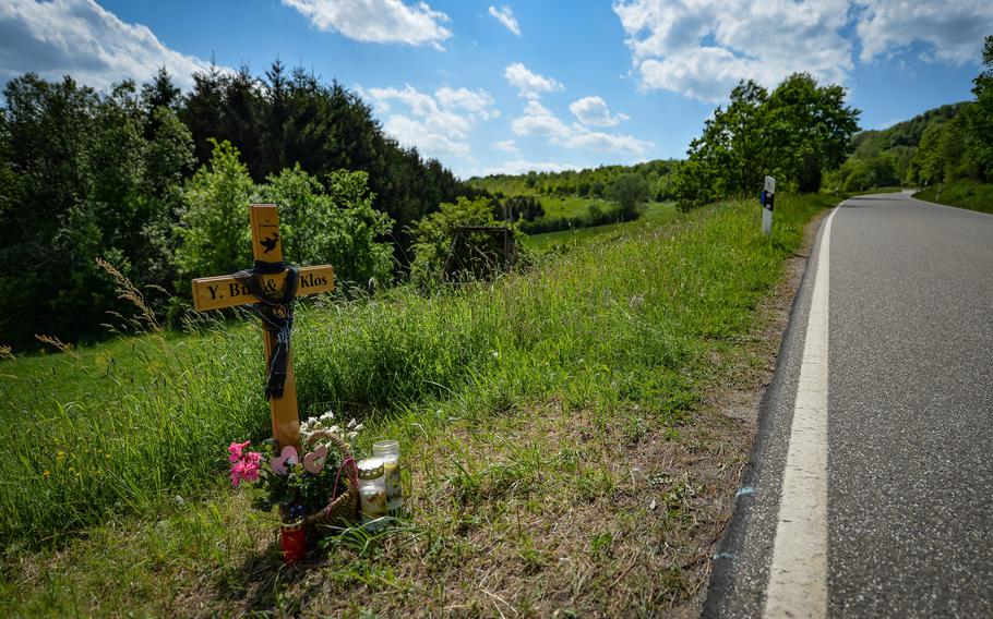 A roadside memorial along country road K22, near Ulmet, Germany, memorializes the deaths of police officers Yasmin B.  and Alexander K., as seen on May 11, 2022. Andreas Johannes Schmitt was sentenced by a Kaiserslautern court to life imprisonment Nov. 30, 2022, for the Jan. 31 killings. 