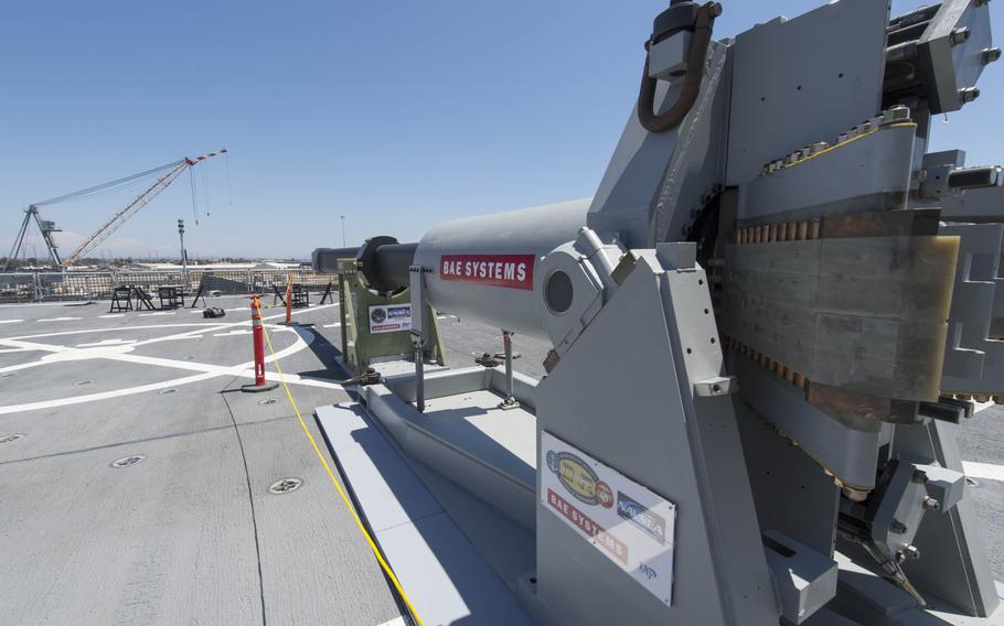A 2014 photo of a Navy electromagnetic railgun prototype; one of the two that was on display aboard the joint high-speed vessel USS Millinocket in port at Naval Base San Diego. 