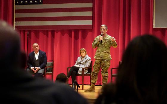 Gilbert Cisneros Jr., left, undersecretary of defense for personnel and readiness; Seileen Mullen, center, acting assistant secretary of defense for health affairs; and Army Maj. Gen. Joseph Heck answer questions about civilians' access to medical care at Yokosuka Naval Base, Japan, Tuesday, Jan. 31, 2023.