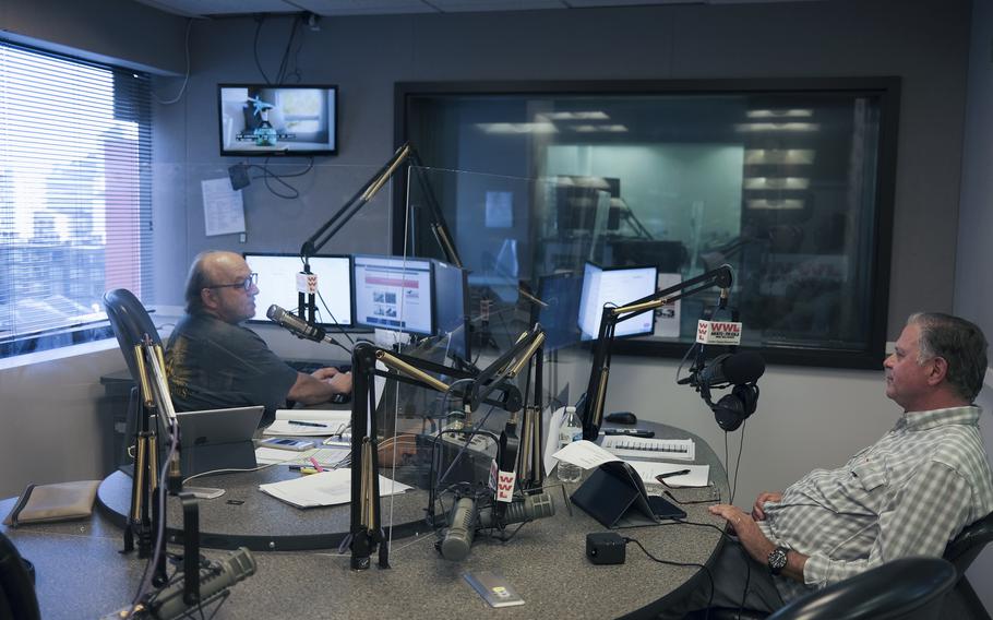 WWL hosts Tommy Tucker, left, and Newell Normand during their early-evening show. Normand, the former sheriff of Jefferson Parish, usually hosts an evening show and has been paired with Tucker, the morning host, for hurricane coverage. 