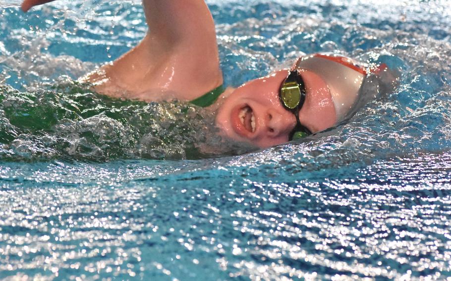 Anna Heaphy of the Kaiserslautern Kingfish won her age group in the girls 800-meter freestyle Saturday, Nov. 26, 2022, at the European Forces Swim League Long Distance Championships.
