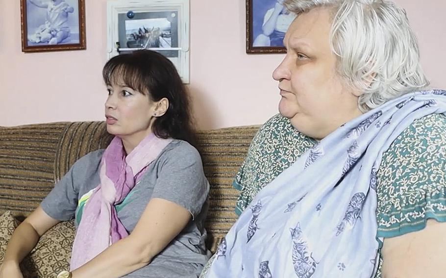 A video screen grab shows Svetlana Kivlan, right, and Viktoria Hrebenyk as they tell of their experiences since Russia invaded Ukraine in February, 2022.
