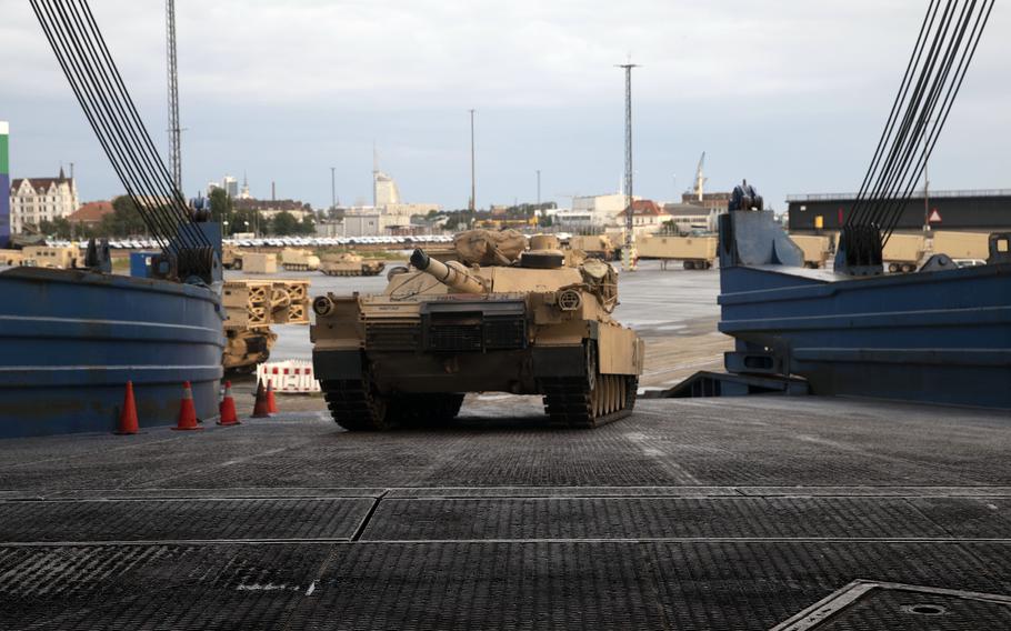 U.S. Army equipment is unloaded at Bremerhaven, Germany, in July 2023. The Netherlands, Poland and Germany signed a memorandum of intent Jan. 30, 2024, to establish a military corridor.