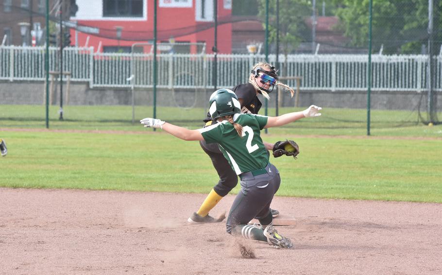 Vicenza second baseman Grace Harkison got the force out at second before Naples' Nora Black could slide in during the DODEA-Europe Division II/III softball championship game Saturday, May 20, 2023, at Kaiserslautern, Germany.