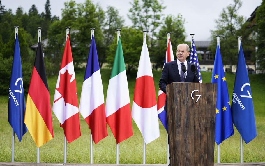 German Chancellor Olaf Scholz speaks during a media conference at the G7 venue, Castle Elmau, in Kruen, Germany, on Tuesday, June 28, 2022. The Group of Seven leading economic powers are concluding their annual gathering on Tuesday. 