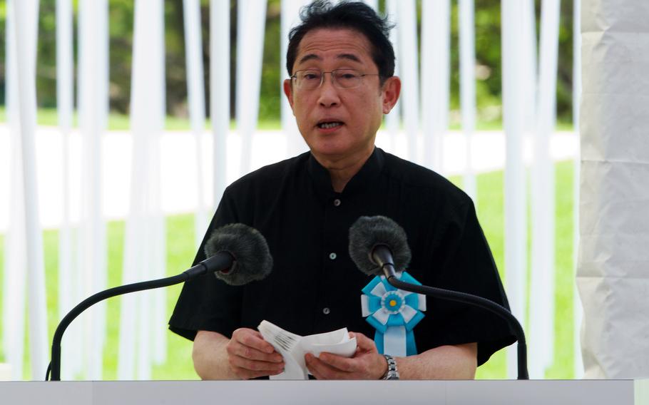 Japanese Prime Minister Fumio Kishida speaks during the Irei no Hi ceremony at Peace Memorial Park in Itoman, Okinawa, Friday, June 23, 2023.