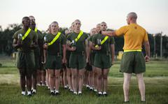 Recruits conduct unit physical training at Marine Corps Recruit Depot Parris Island, S.C., Oct. 19, 2021. Despite guidance by defense department leadership, Marine Corps stations still prohibit Marines from entering non-athletic facilities in athletic gear. 


