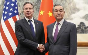 U.S. Secretary of State Antony Blinken, left, meets with China's Foreign Minister Wang Yi at the Diaoyutai State Guesthouse in Beijing on April 26, 2024.