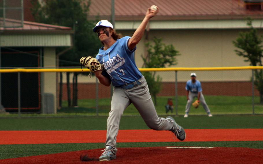 Osan left-hander Tim Davidson delivers against Humphreys during Tuesday's DODEA-Korea baseball game. The Cougars won 12-5.