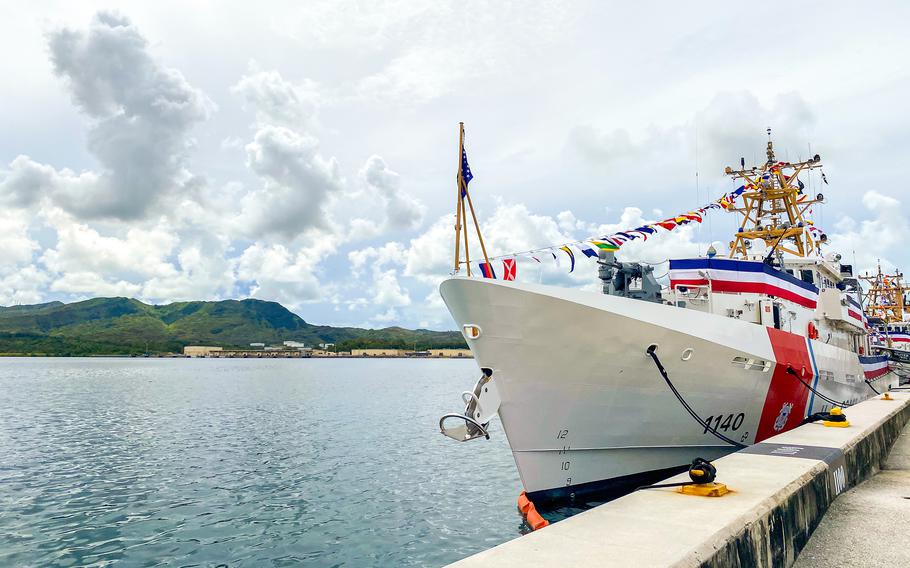 The Coast Guard fast-attack cutters Myrtle Hazard, Oliver Henry and Frederick Hatch are commissioned together during a ceremony on Guam, Thursday, July 29, 2021.