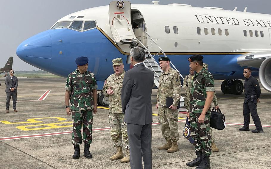 U.S. Army Gen. Mark Milley, center left, chairman of the US Joint Chiefs of Staff, arrives in Jakarta on Sunday, July 24, 2022, for meetings with defense leaders. ADdffcvQW
