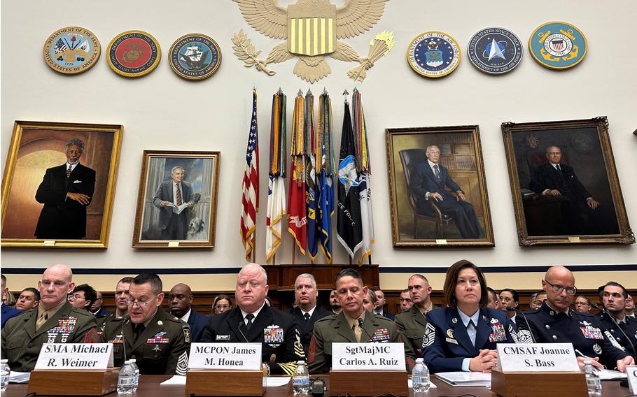 From left to right: Senior Enlisted Advisor to the Chairman of the Joint Chiefs of Staff Sgt. Maj. Troy E. Black; Sergeant Major of the Army Michael R. Weimer; Master Chief Petty Officer of the Navy James M. Honea; Sergeant Major of the Marine Corps Carlos A. Ruiz; Chief Master Sergeant of the Air Force Joanne S. Bass; and Chief Master Sergeant of the Space Force John F. Bentivegna at a House Armed Services Committee hearing on Jan. 31, 2024.